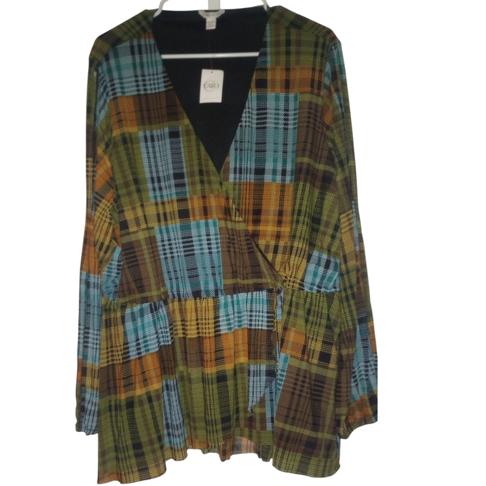 Cato NWT Plaid Wrap Tunic Blouse Slit Sleeve Size XL